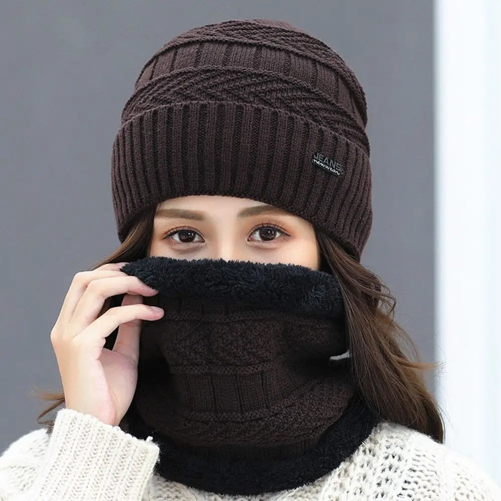 Winter Beanie Hat & Scarf Set – Warm Knit Thermal Cap for Men & Women