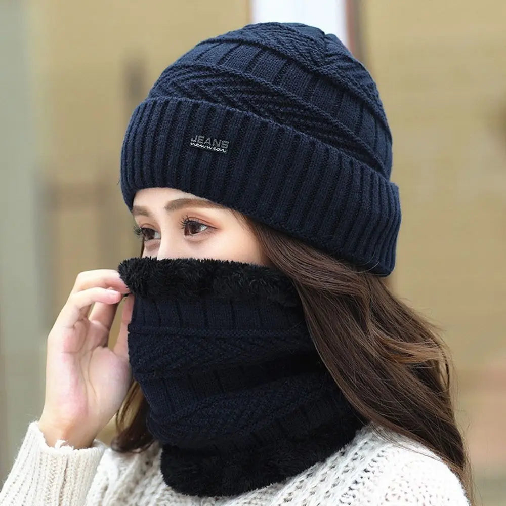 Winter Beanie Hat & Scarf Set – Warm Knit Thermal Cap for Men & Women