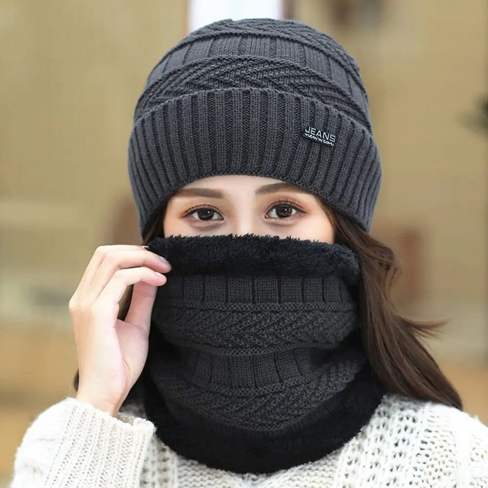 Winter Beanie Hat & Scarf Set – Warm Knit Thermal Cap for Men & Women