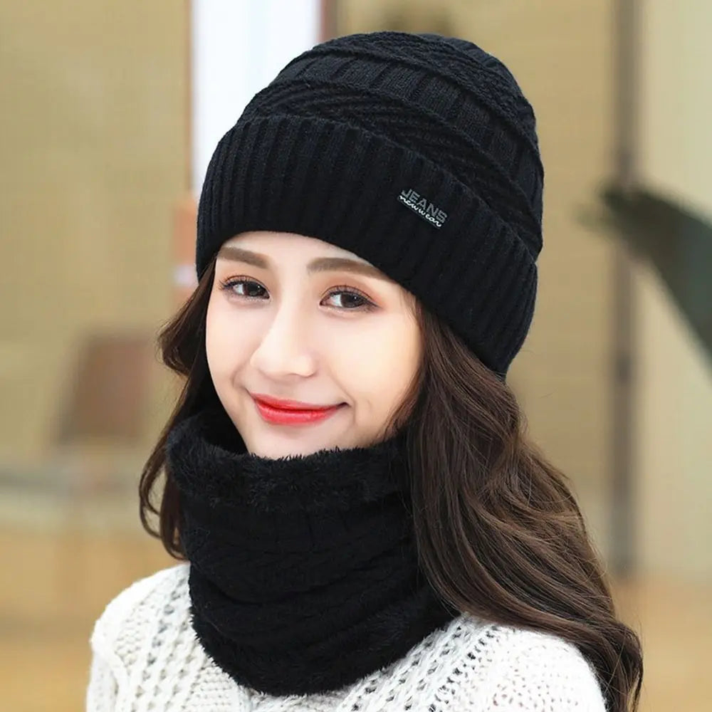 Winter Beanie Hat & Scarf Set – Warm Knit Thermal Cap for Men & Women